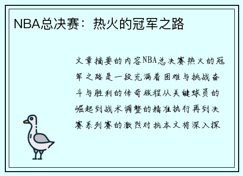 NBA总决赛：热火的冠军之路